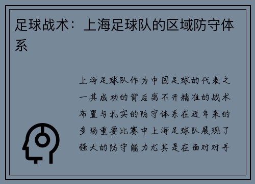 足球战术：上海足球队的区域防守体系