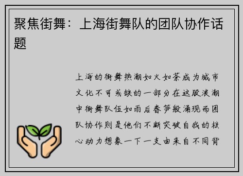 聚焦街舞：上海街舞队的团队协作话题