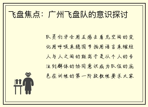 飞盘焦点：广州飞盘队的意识探讨